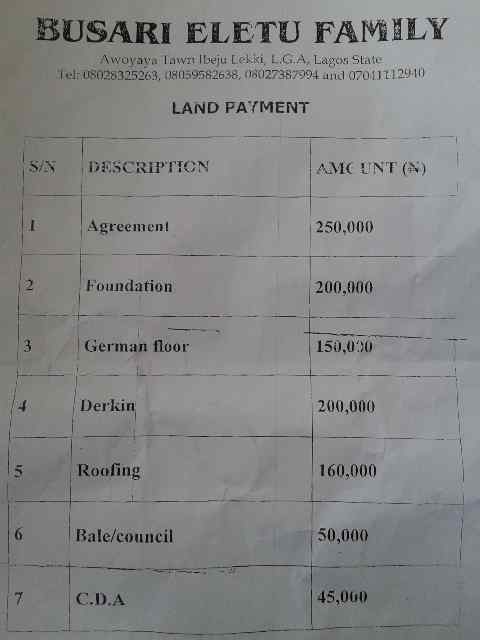 This is a Real Life Sample of an Omonile Demand list for Land Payments before you can take possession of your own land after you have paid Millions to Acquire it. Without you even shelling out 1Kobo on their Land, You are required to pay over N1Million Naira for very senseless and Stupid things. Can you Imagine this Day light Robbery?