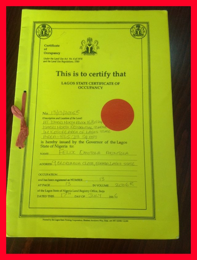Sample of a Certificate of Occupancy in Lagos